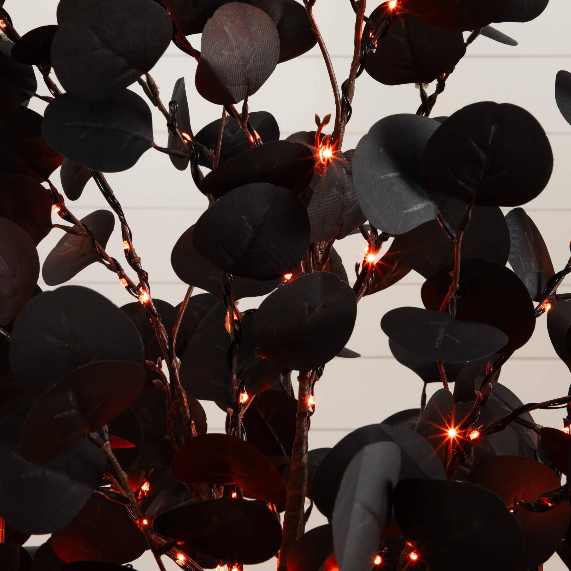 6ft. Pre-Lit Artificial Halloween Black Eucalyptus Tree with 300 Orange & Purple LED Lights